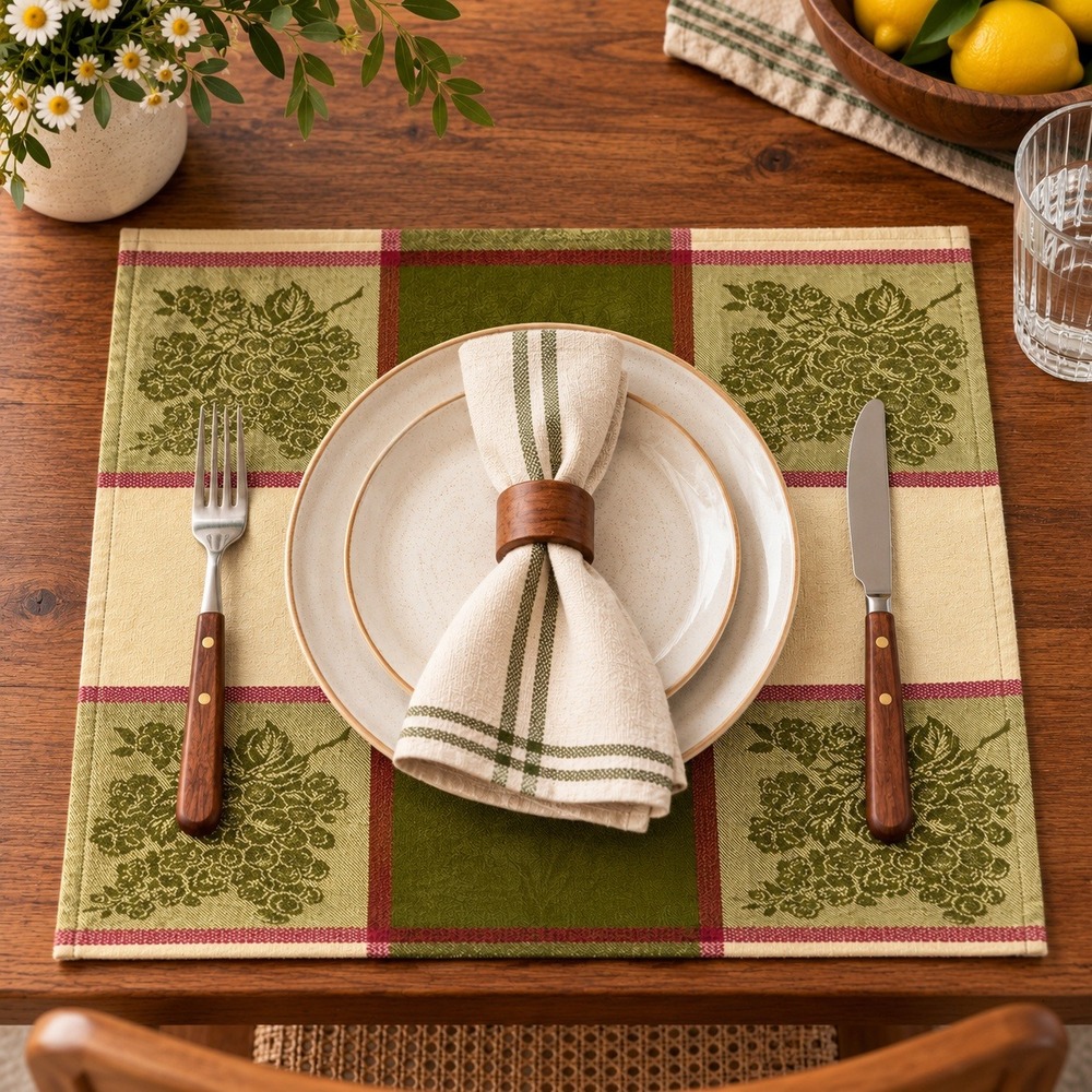 Set of 6 Fruit Floral Jacquard Placemats Green Cream Red Checkered 13x18.5